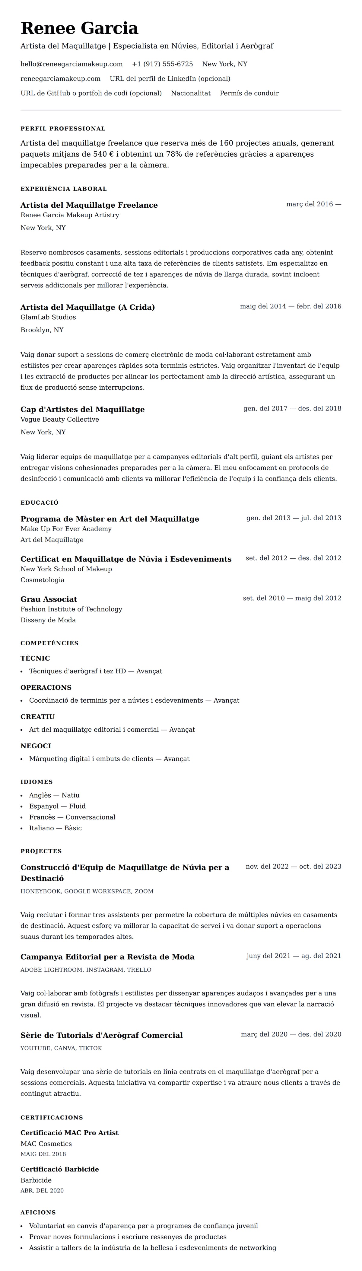 Exemple de Currículum d'Artista del Maquillatge