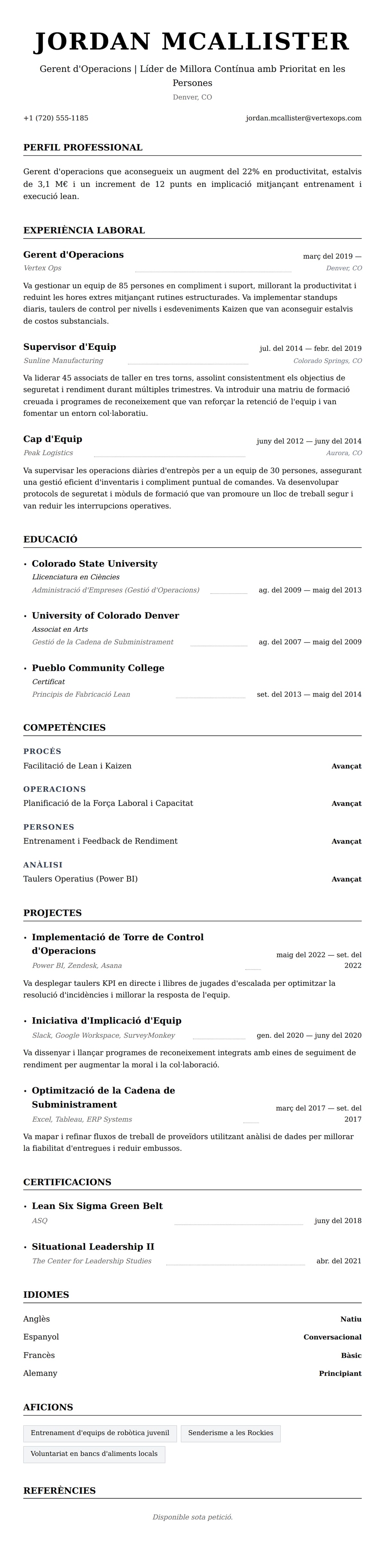 Previsualització del currículum per a Exemple de Currículum de Gerent d'Operacions