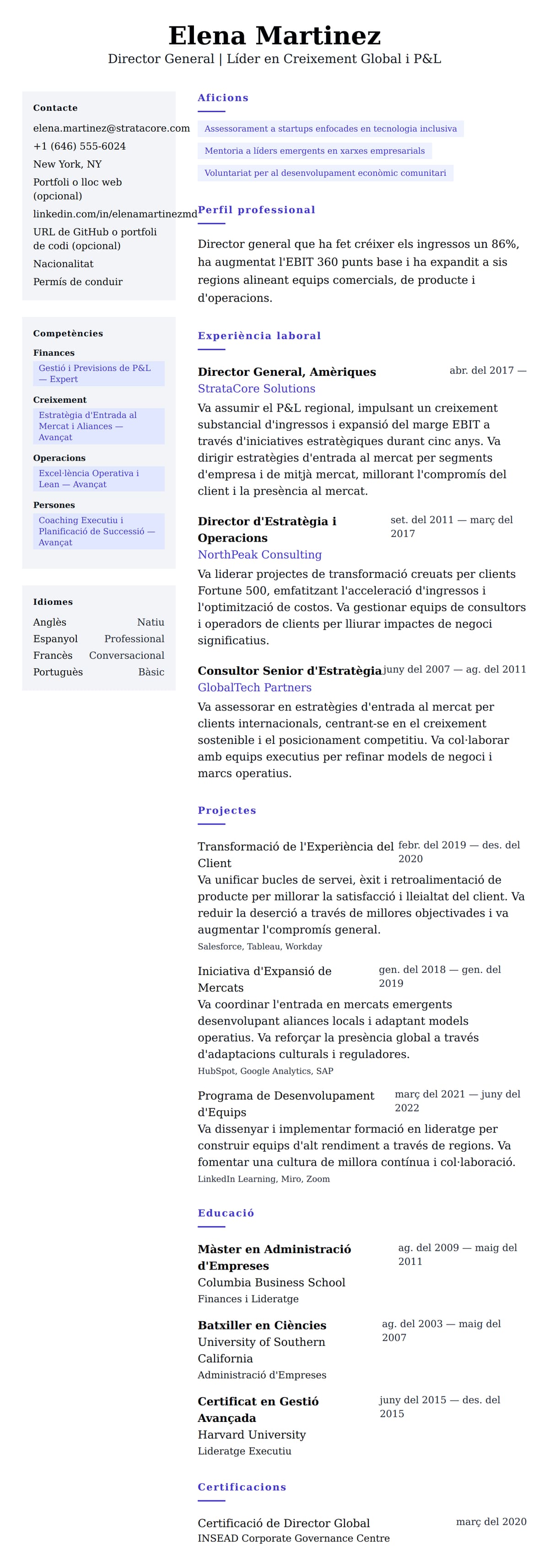 Previsualització del currículum per a Exemple de Currículum de Director General