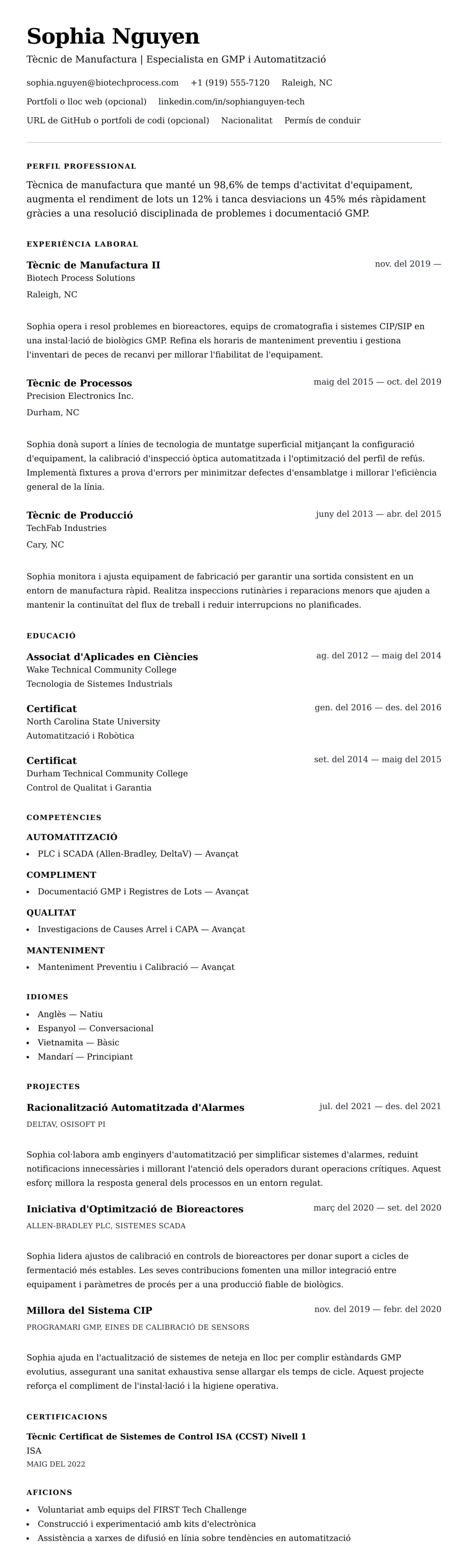 Previsualització del currículum per a Exemple de Currículum de Tècnic de Manufactura