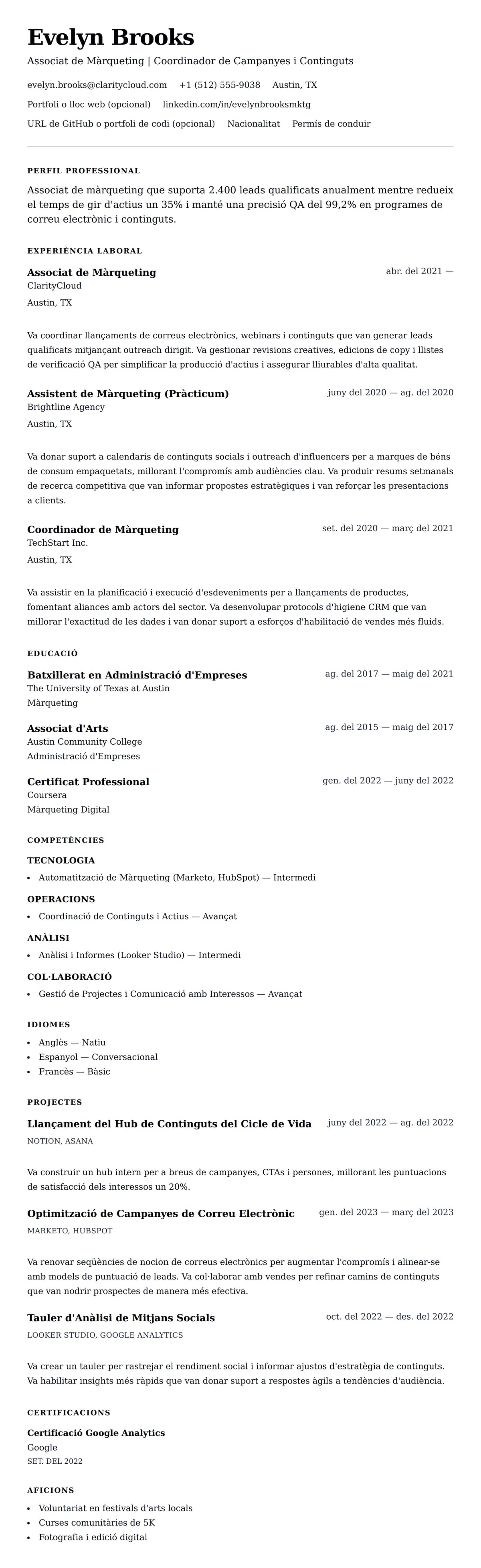 Previsualització del currículum per a Exemple de Currículum d'Associat de Màrqueting