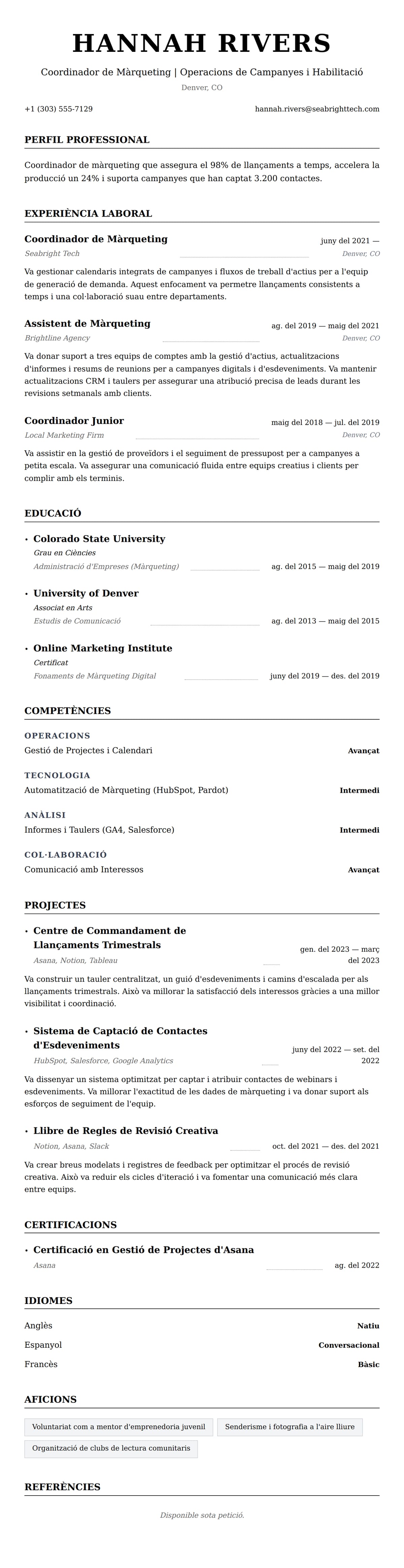 Previsualització del currículum per a Exemple de Currículum de Coordinador de Màrqueting