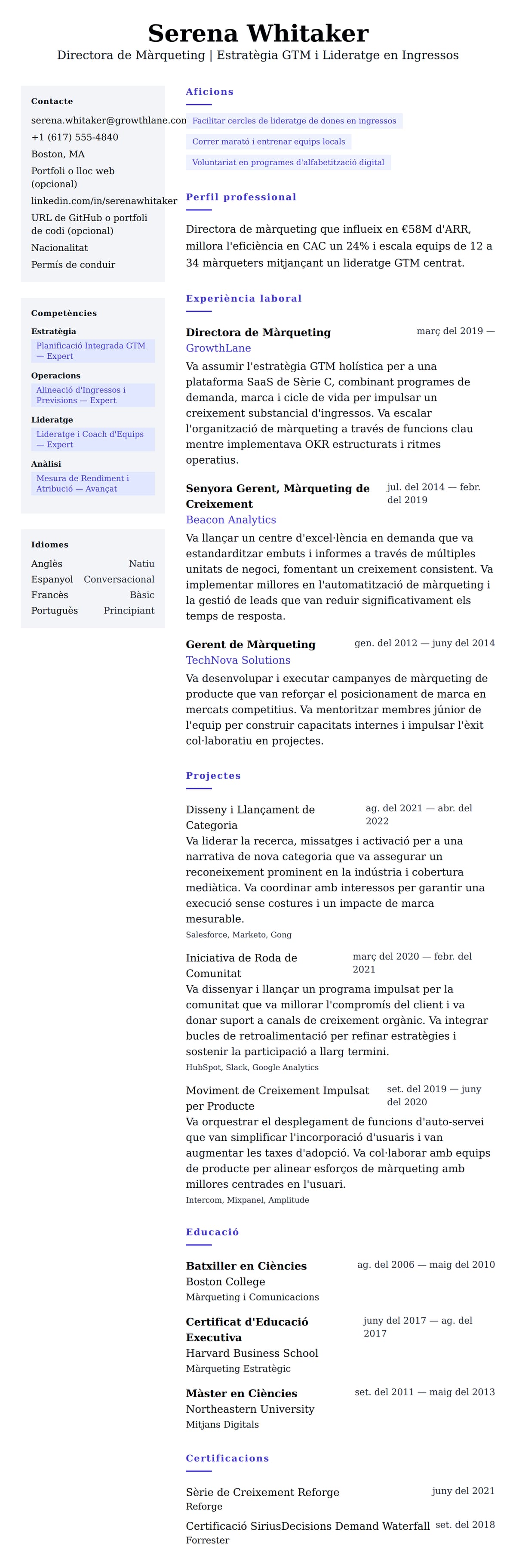 Previsualització del currículum per a Exemple de Currículum de Directora de Màrqueting