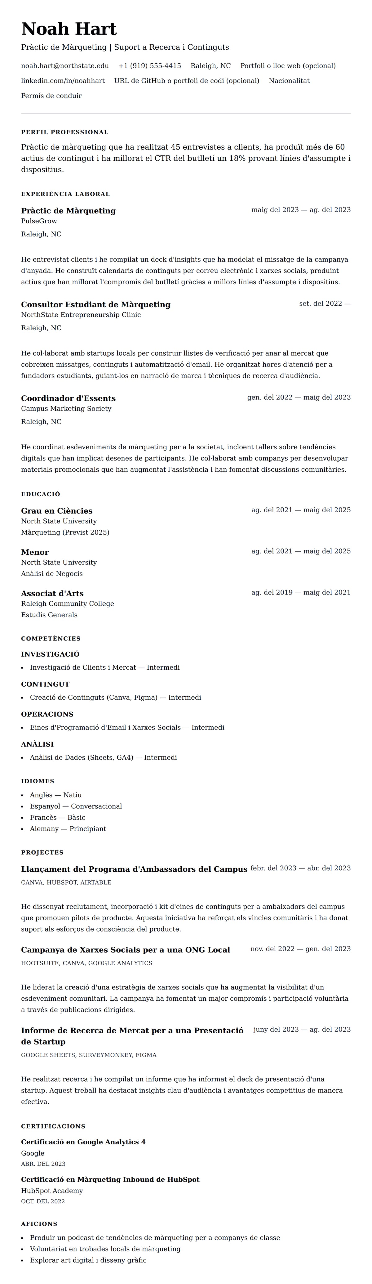 Previsualització del currículum per a Exemple de Currículum de Pràctic de Màrqueting