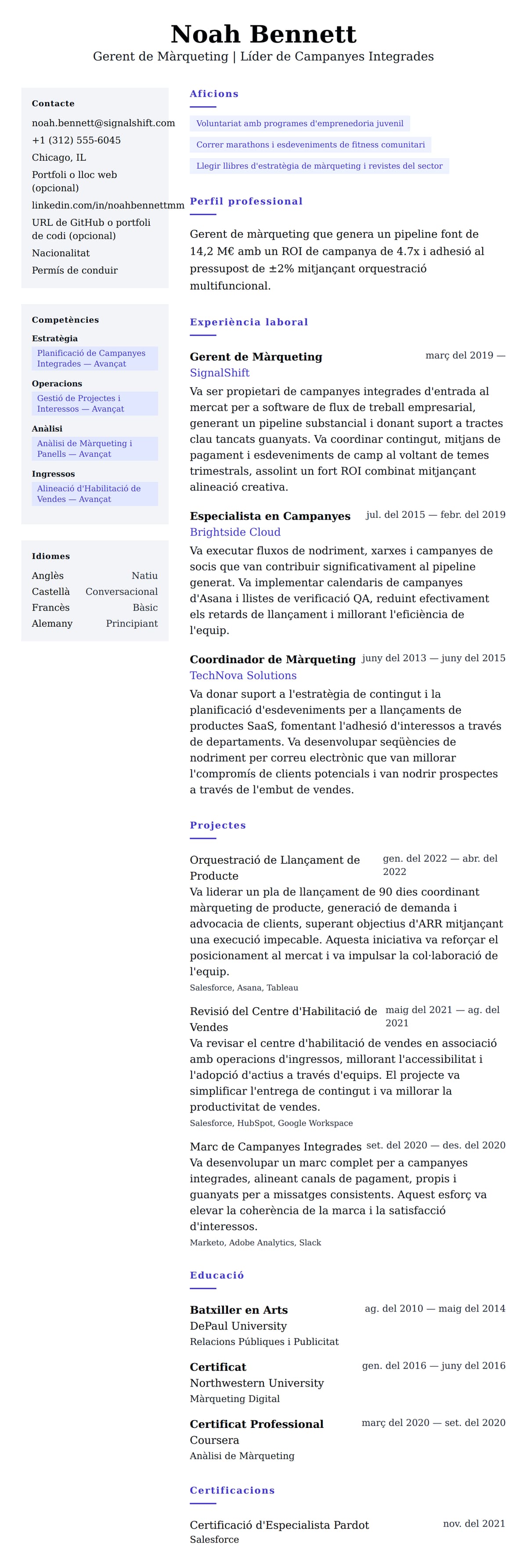 Previsualització del currículum per a Exemple de Currículum de Gerent de Màrqueting