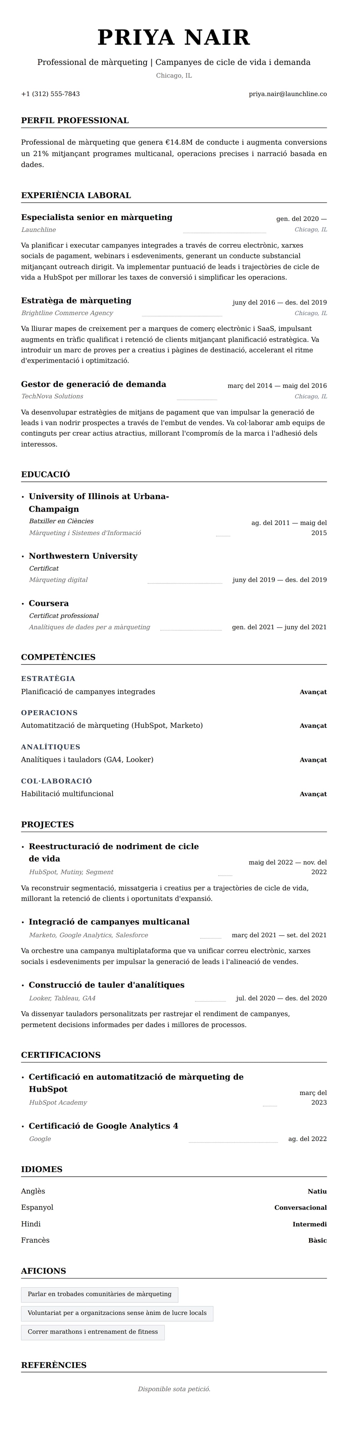 Previsualització del currículum per a Exemple de currículum de professional de màrqueting