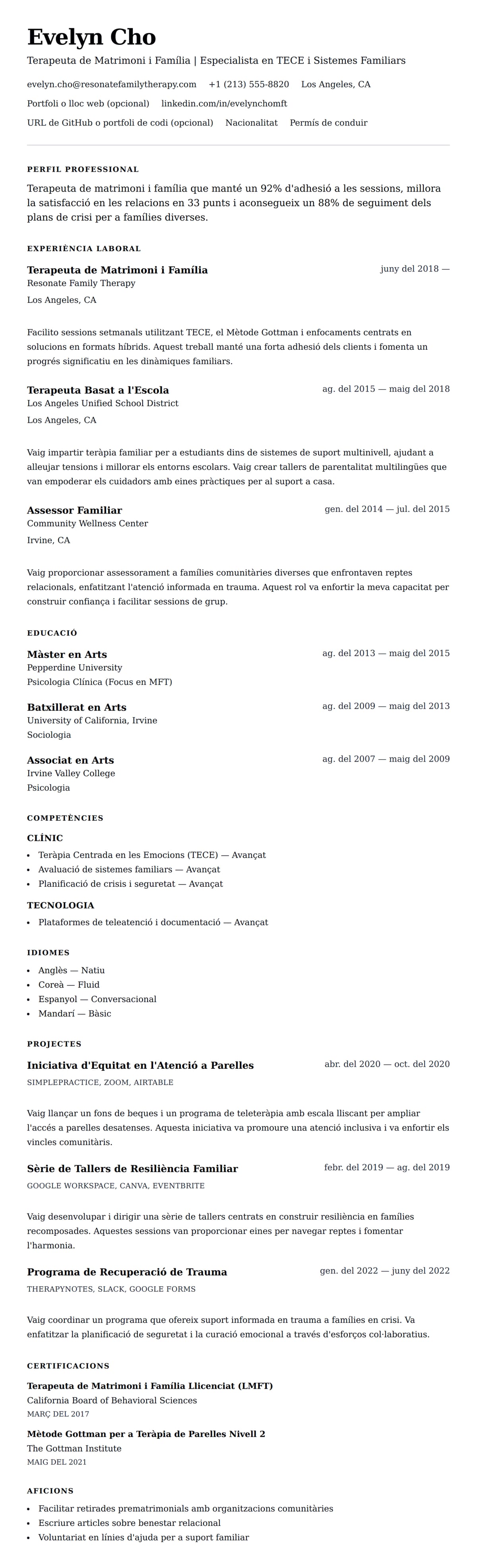 Previsualització del currículum per a Exemple de Currículum de Terapeuta de Matrimoni i Família