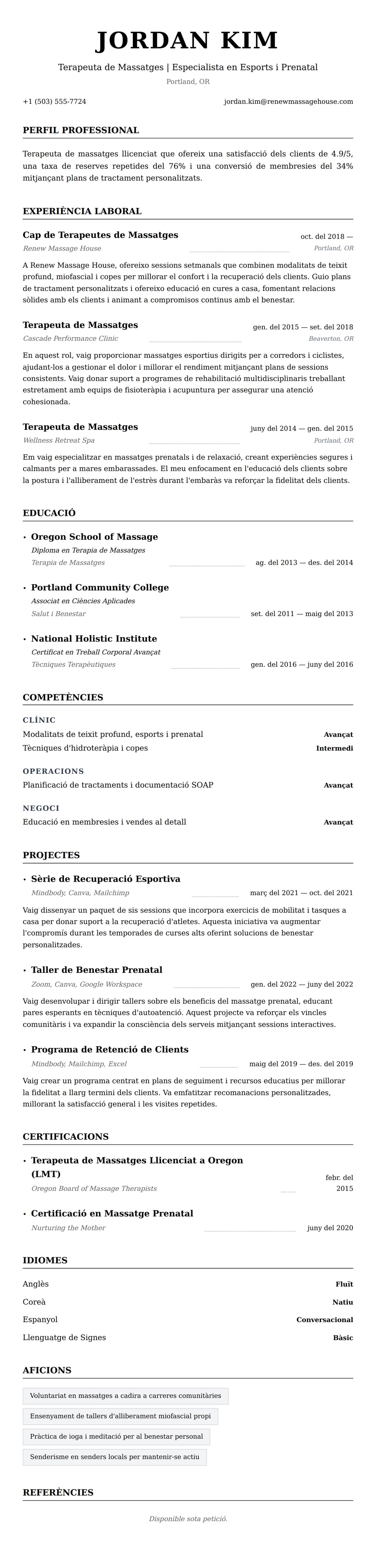 Exemple de Currículum de Terapeuta de Massatges