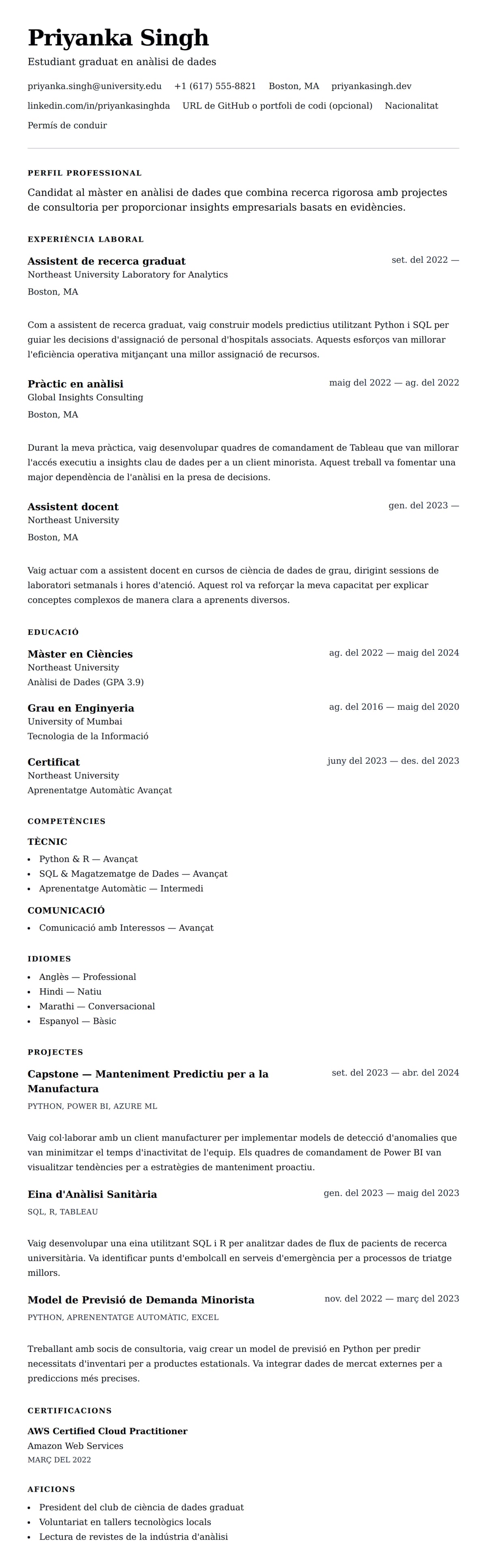 Previsualització del currículum per a Exemple de currículum per a estudiant de màster