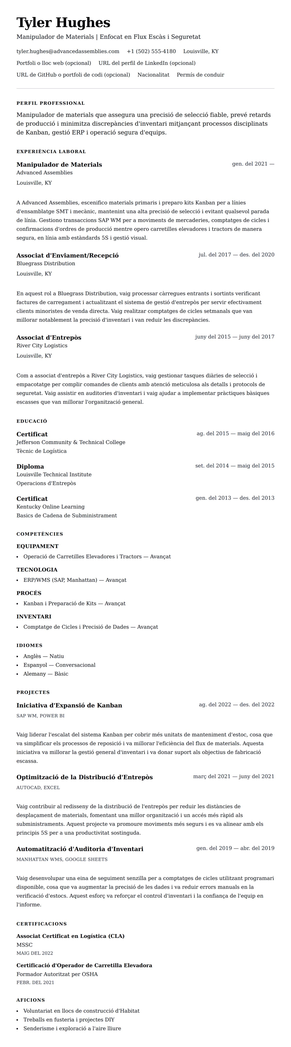 Previsualització del currículum per a Exemple de Currículum de Manipulador de Materials