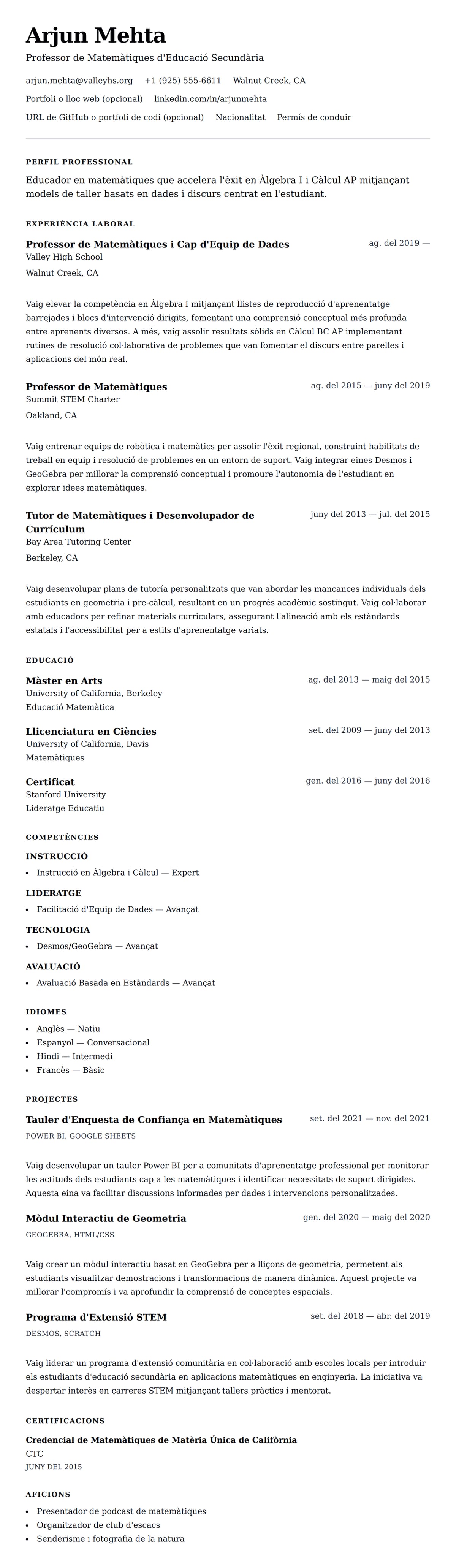 Previsualització del currículum per a Exemple de Currículum de Professor de Matemàtiques