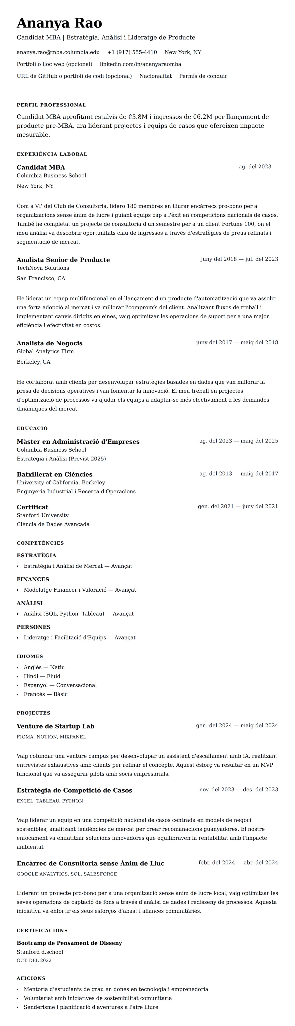 Previsualització del currículum per a Exemple de currículum per a candidat MBA