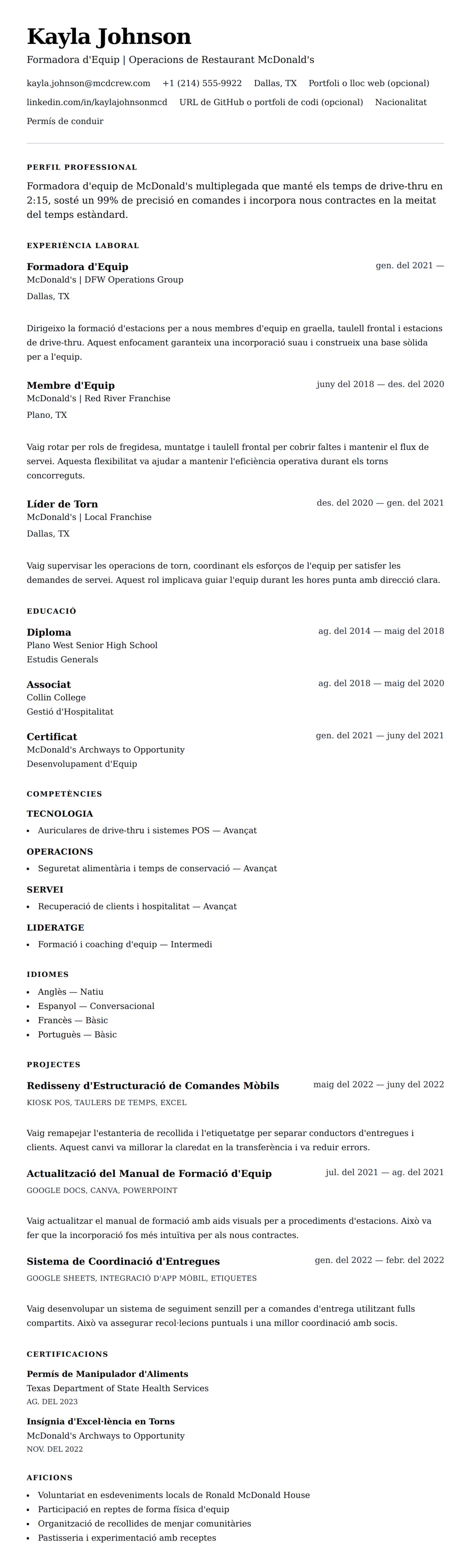 Previsualització del currículum per a Exemple de Currículum de Membre d'Equip de McDonald's