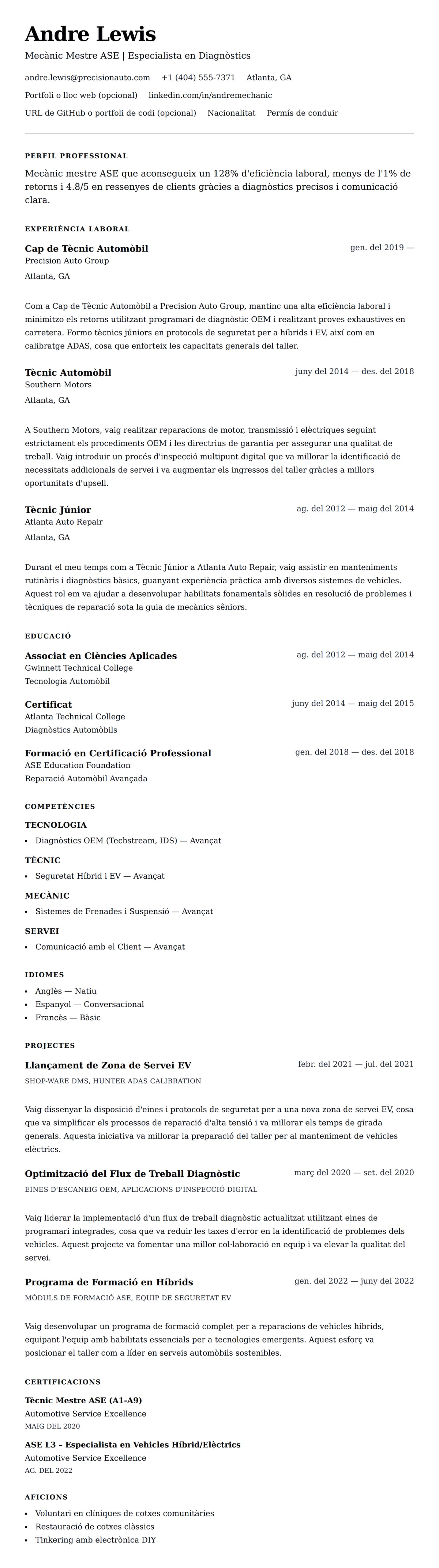 Previsualització del currículum per a Exemple de Currículum de Mecànic