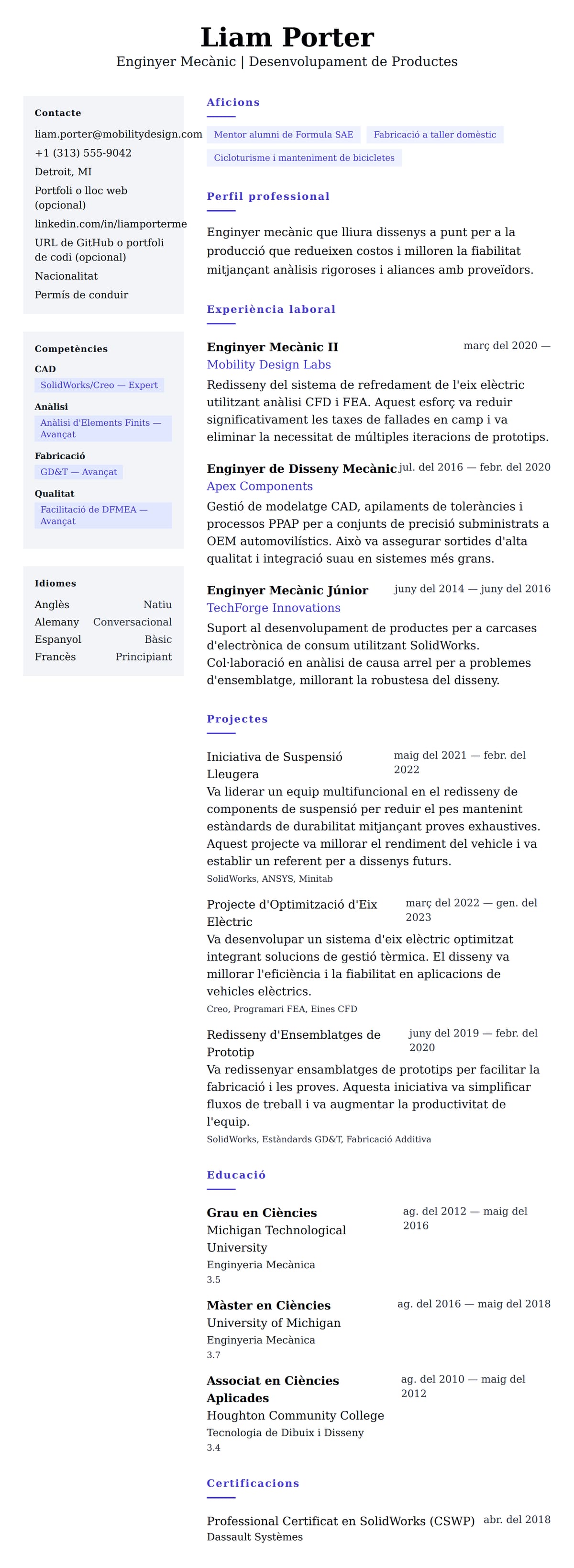 Previsualització del currículum per a Exemple de Currículum d'Enginyer Mecànic