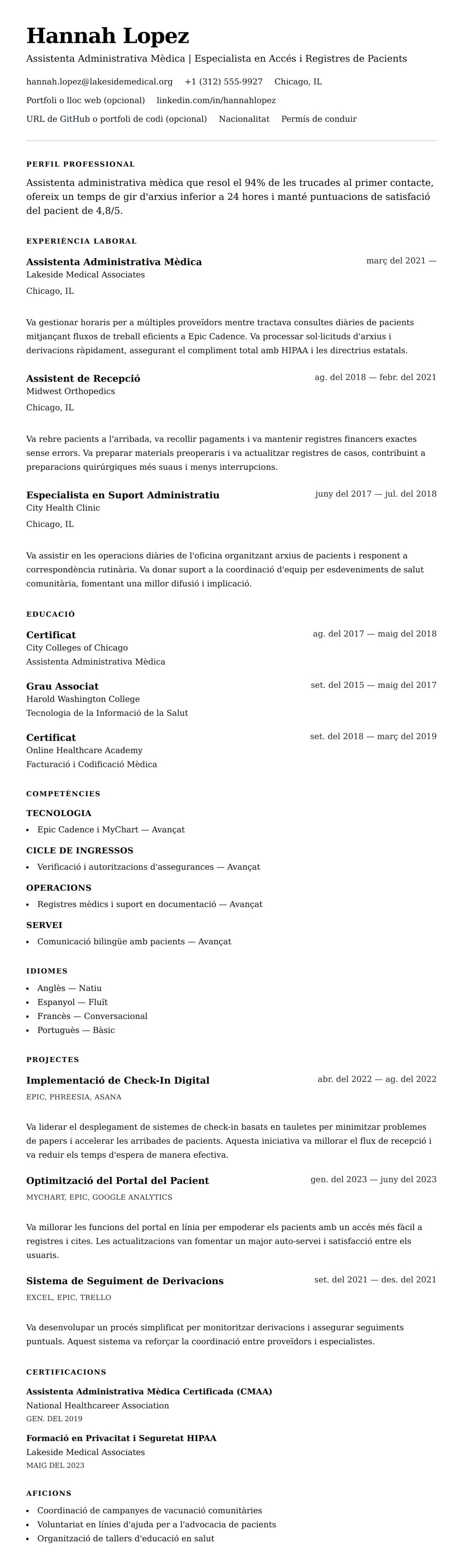 Previsualització del currículum per a Exemple de Currículum d'Assistenta Administrativa Mèdica