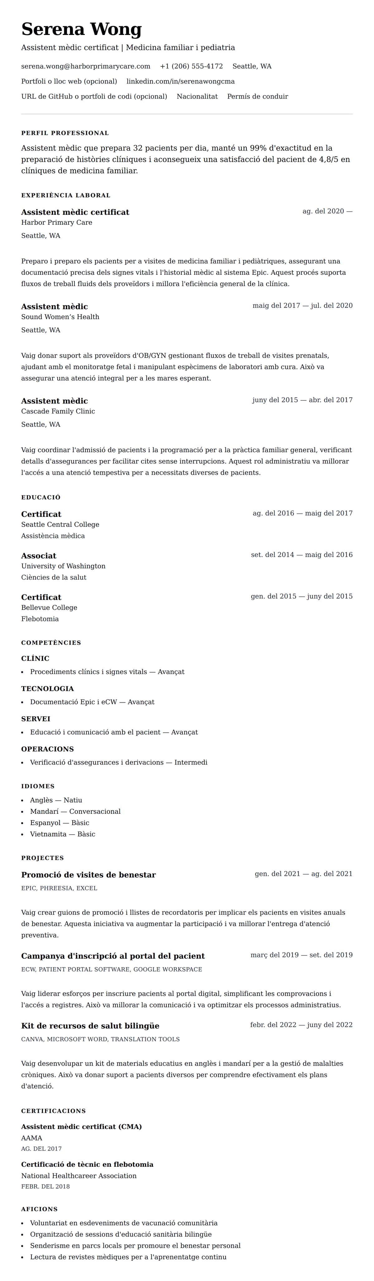 Previsualització del currículum per a Exemple de currículum d'assistent mèdic