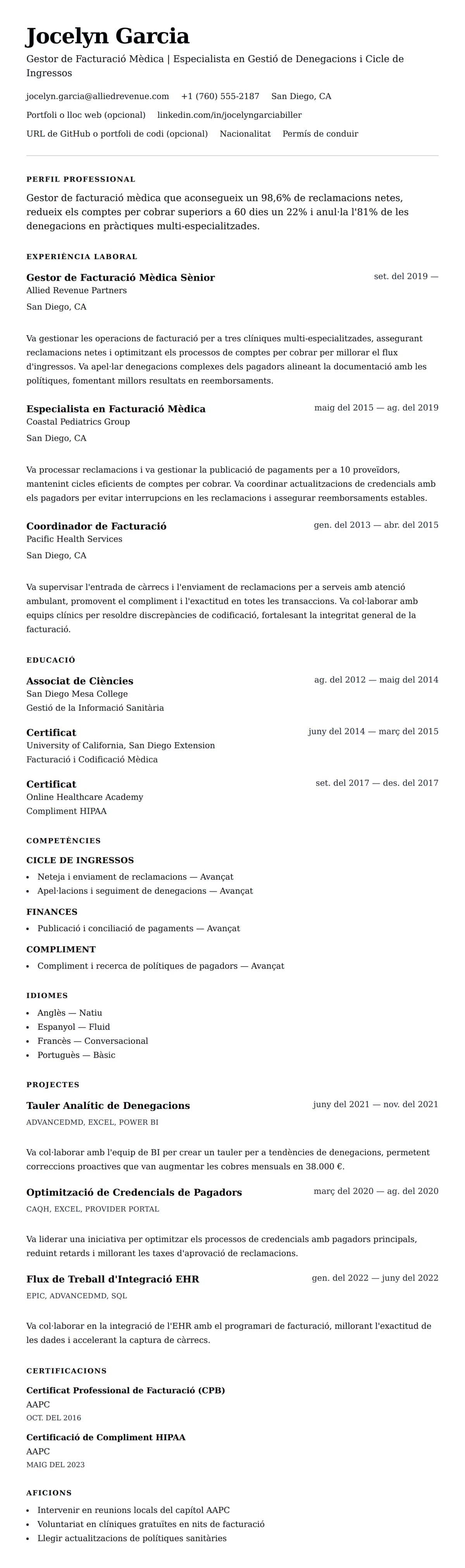 Previsualització del currículum per a Exemple de Currículum de Gestor de Facturació Mèdica