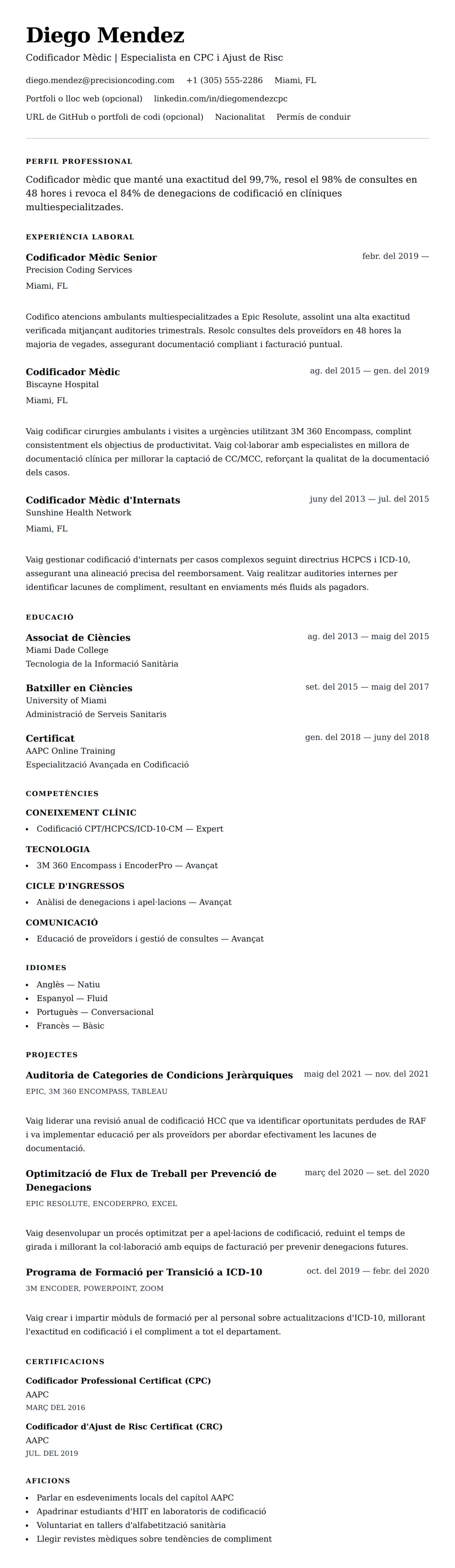 Previsualització del currículum per a Exemple de Currículum de Codificador Mèdic