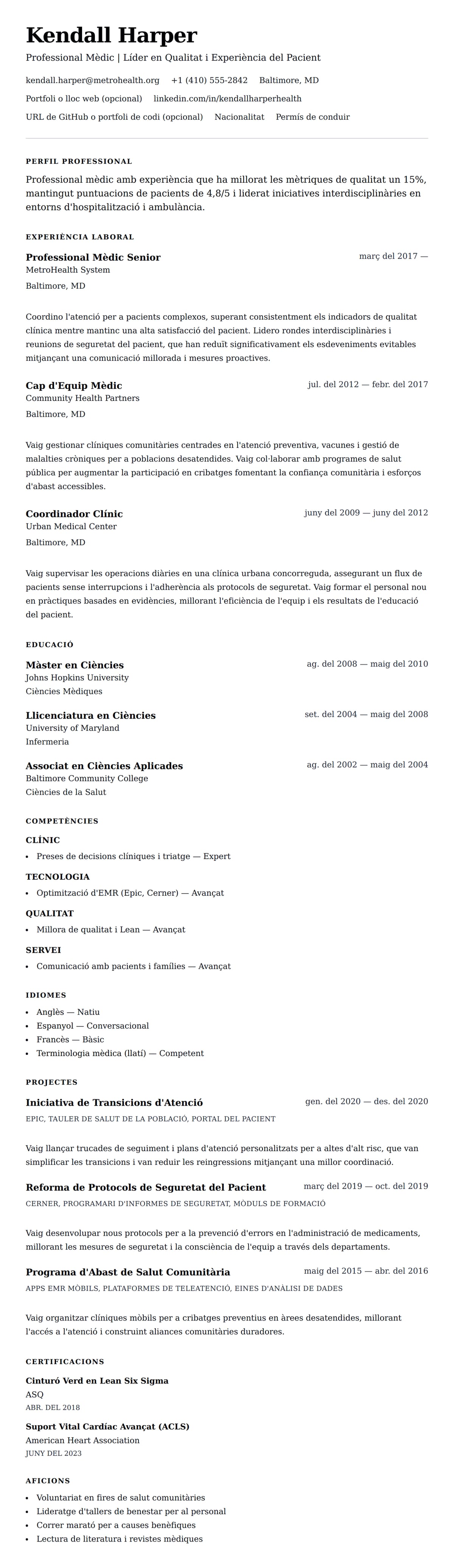 Previsualització del currículum per a Exemple de Currículum de Professional Mèdic