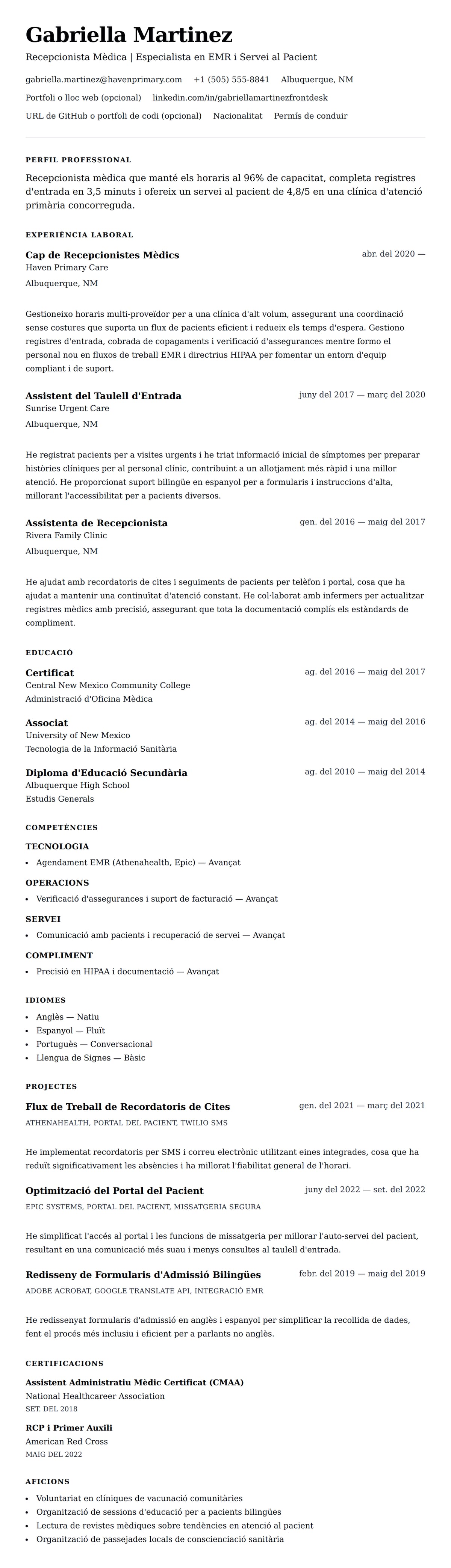 Previsualització del currículum per a Exemple de Currículum de Recepcionista Mèdica
