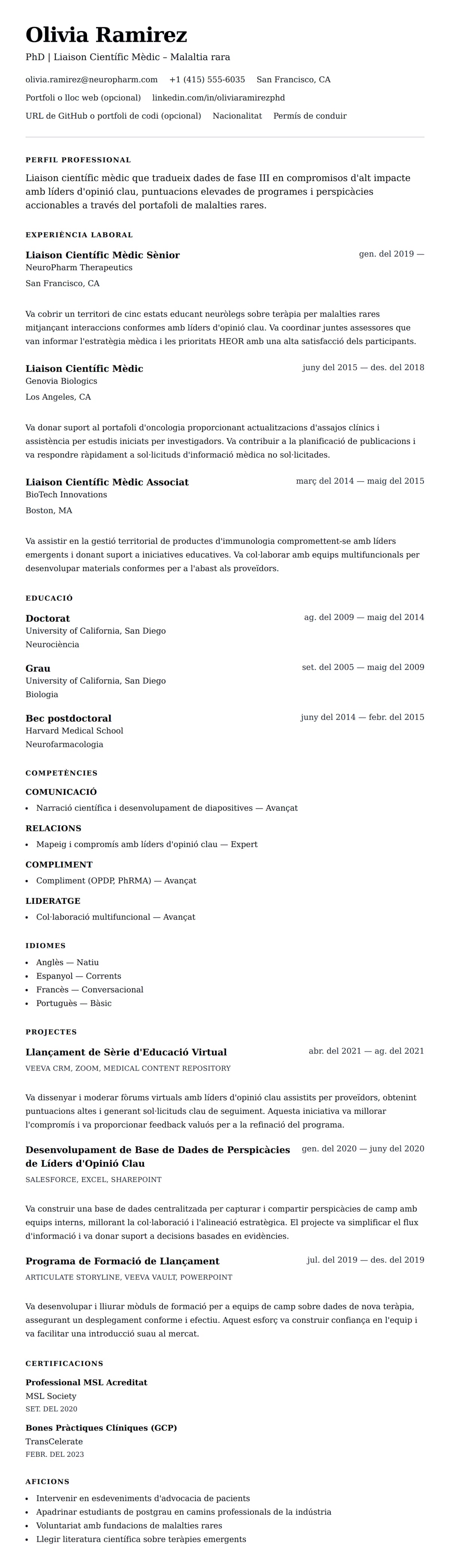 Previsualització del currículum per a Exemple de Currículum de Liaison Científic Mèdic