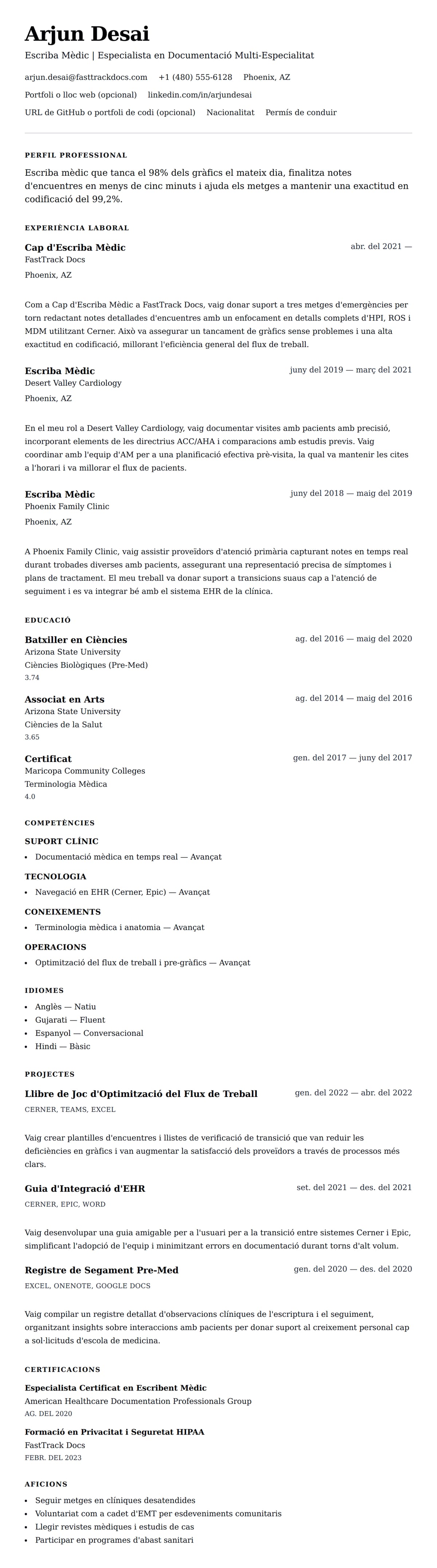 Previsualització del currículum per a Exemple de Currículum d'Escriba Mèdic