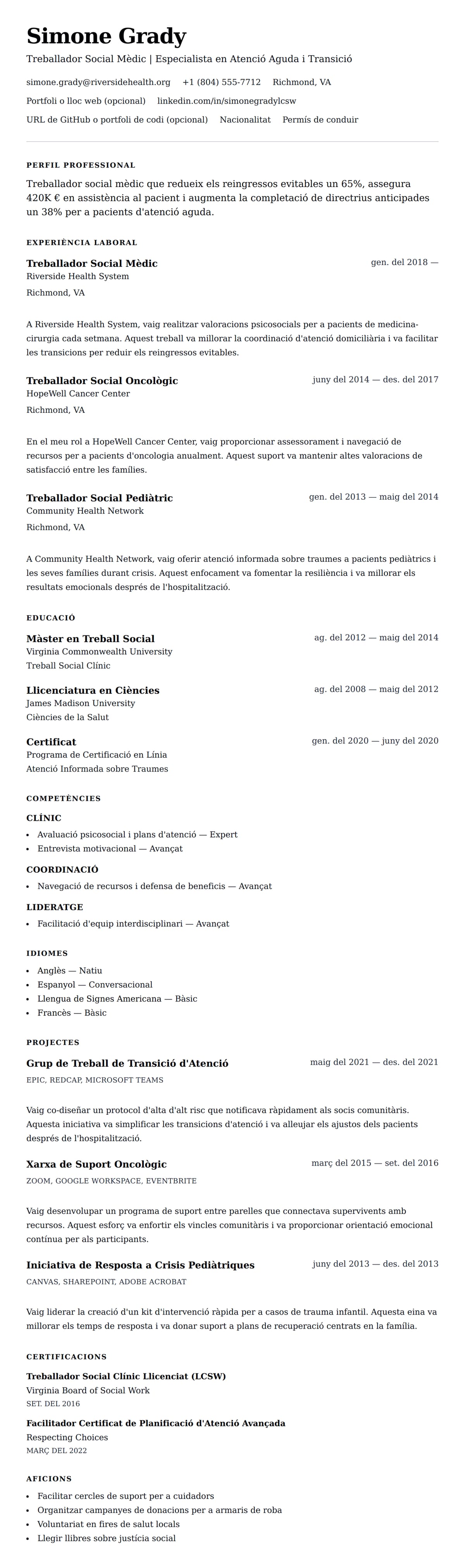 Previsualització del currículum per a Exemple de Currículum de Treballador Social Mèdic