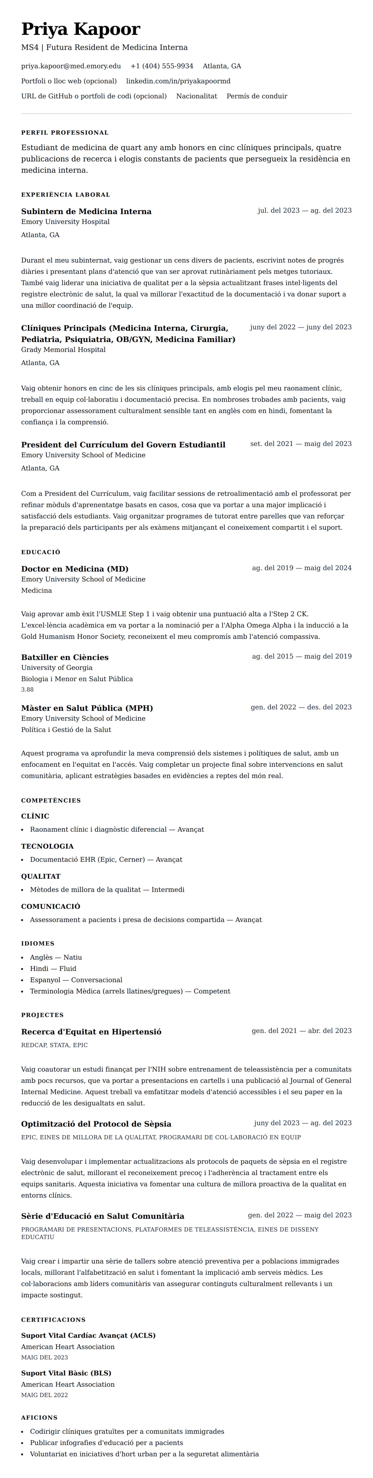 Previsualització del currículum per a Exemple de Currículum d'Estudiant de Medicina