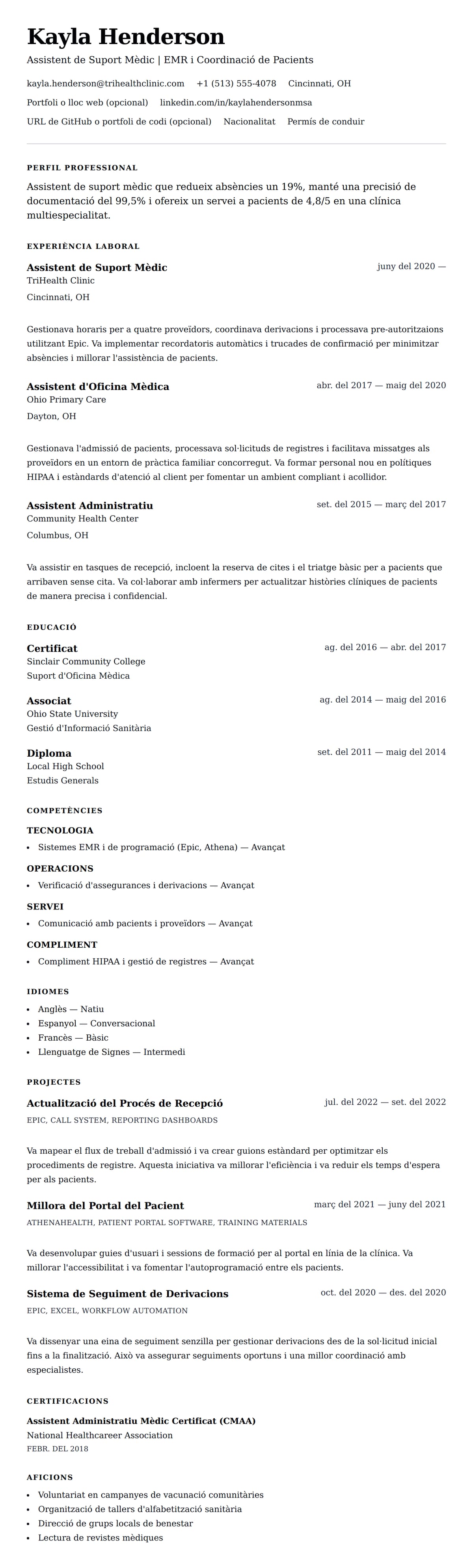 Previsualització del currículum per a Exemple de Currículum d'Assistent de Suport Mèdic