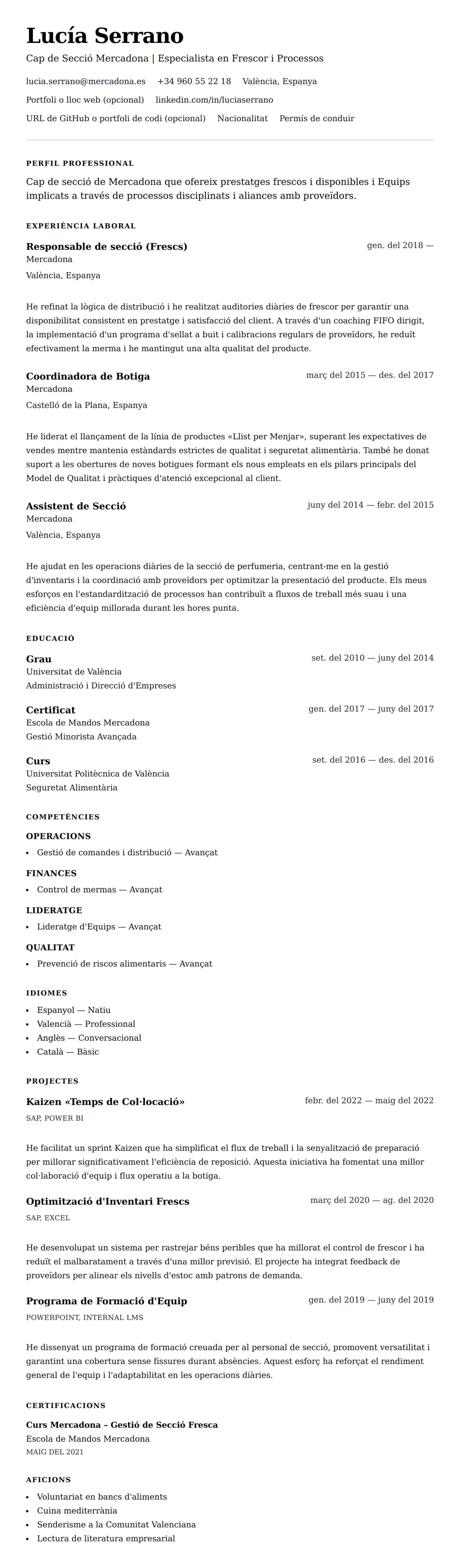 Previsualització del currículum per a Exemple de Currículum de Cap de Secció Mercadona