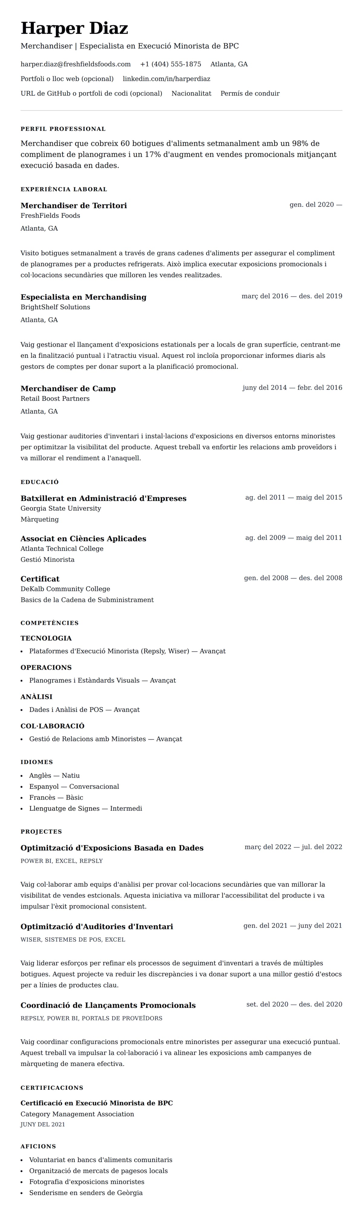 Previsualització del currículum per a Exemple de Currículum de Merchandiser