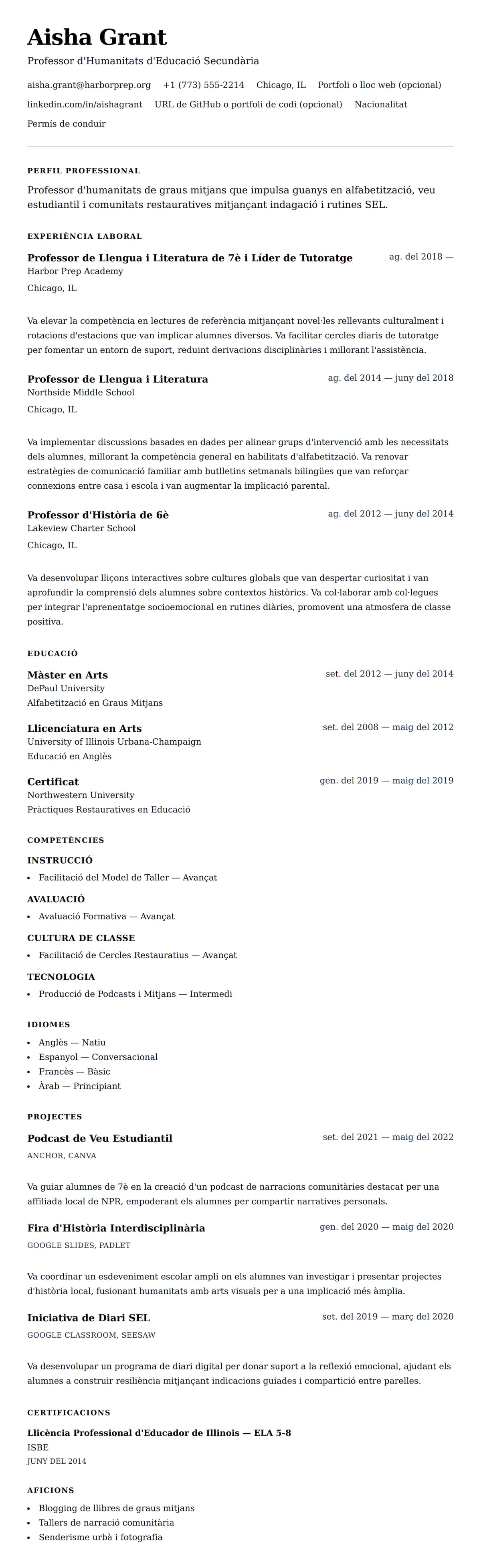 Previsualització del currículum per a Exemple de Currículum de Professor d'Educació Secundària