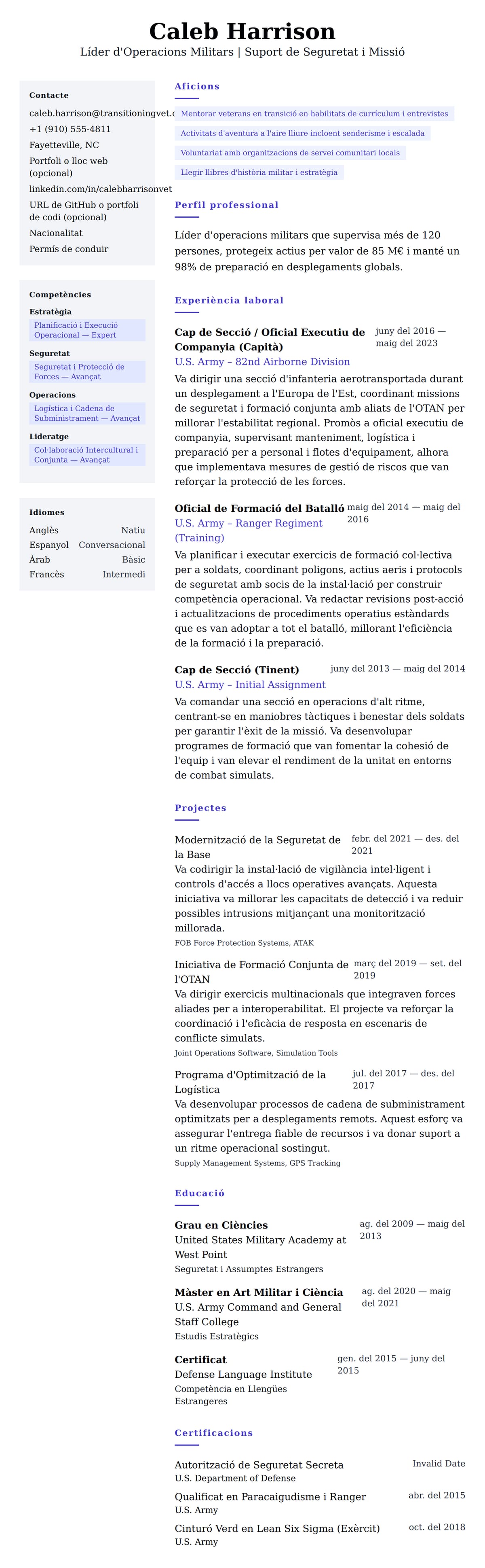 Previsualització del currículum per a Exemple de Currículum de Membre del Servei Militar