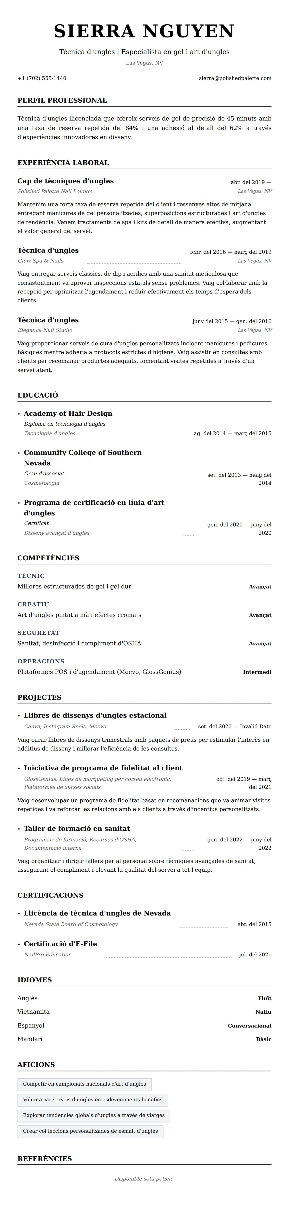 Previsualització del currículum per a Exemple de currículum de tècnica d'ungles