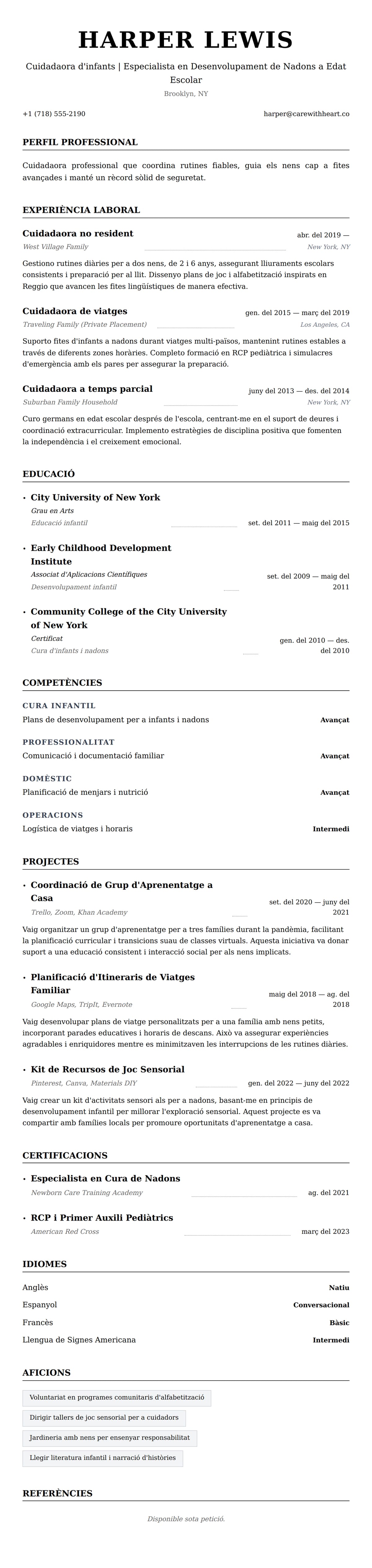 Previsualització del currículum per a Exemple de Currículum de Cuidadaora d'infants