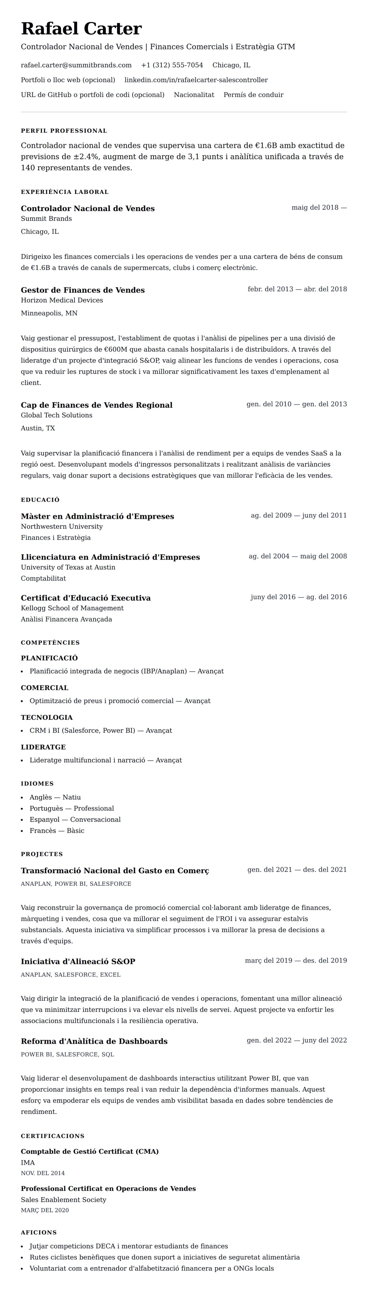 Previsualització del currículum per a Exemple de Currículum de Controlador Nacional de Vendes