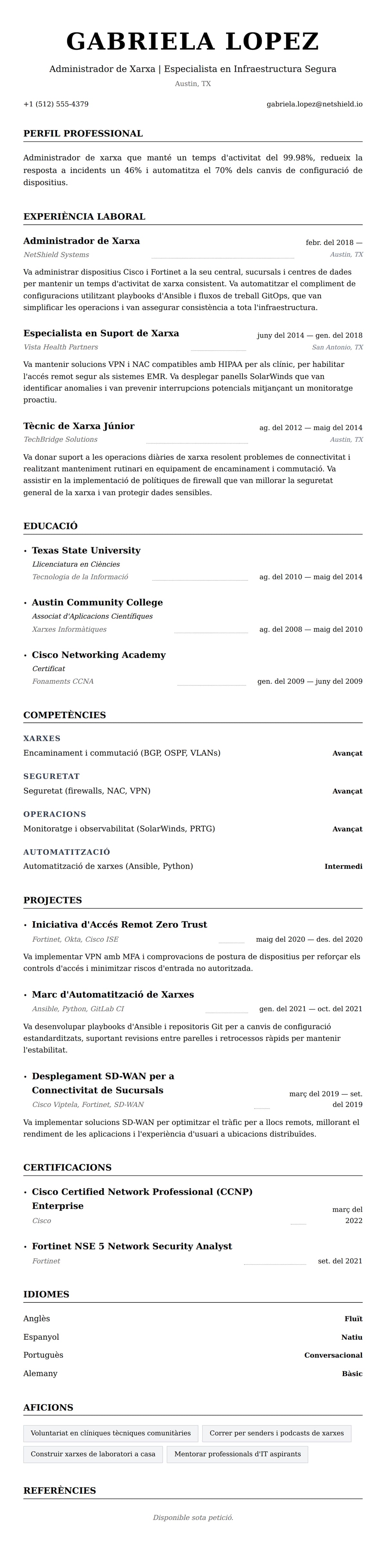 Previsualització del currículum per a Exemple de Currículum d'Administrador de Xarxa