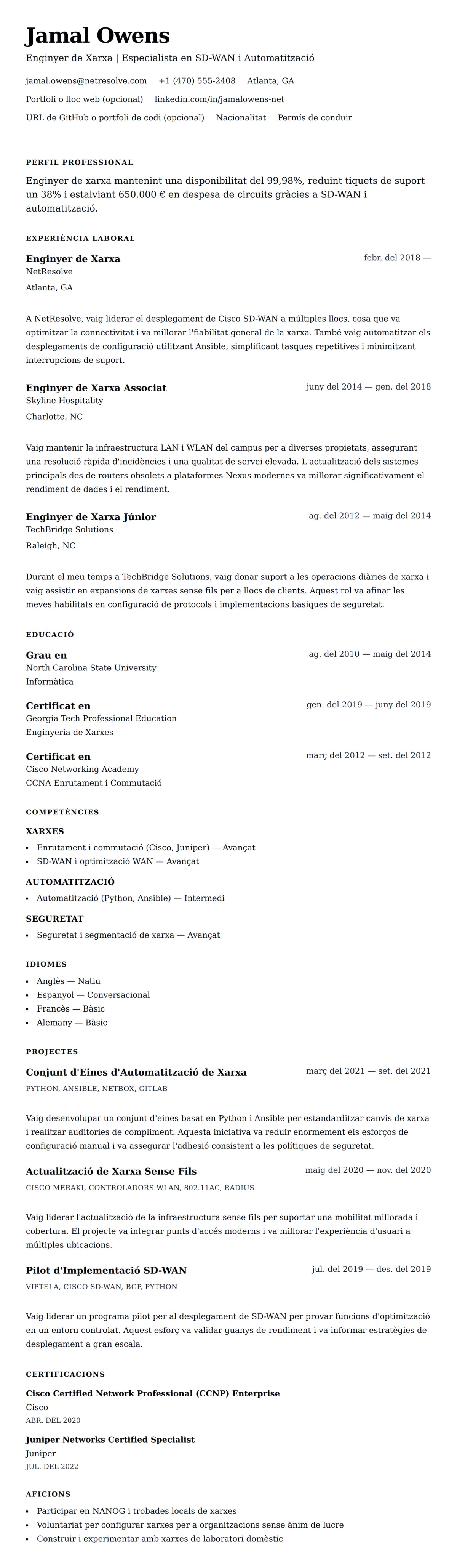 Previsualització del currículum per a Exemple de Currículum d'Enginyer de Xarxa