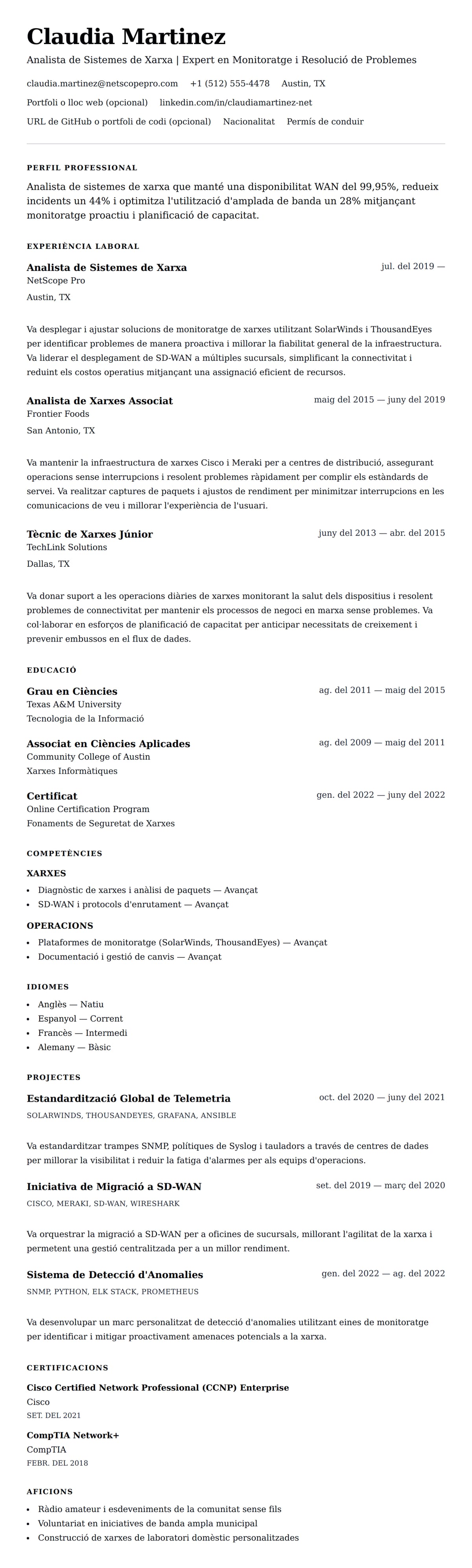 Previsualització del currículum per a Exemple de Currículum d'Analista de Sistemes de Xarxa