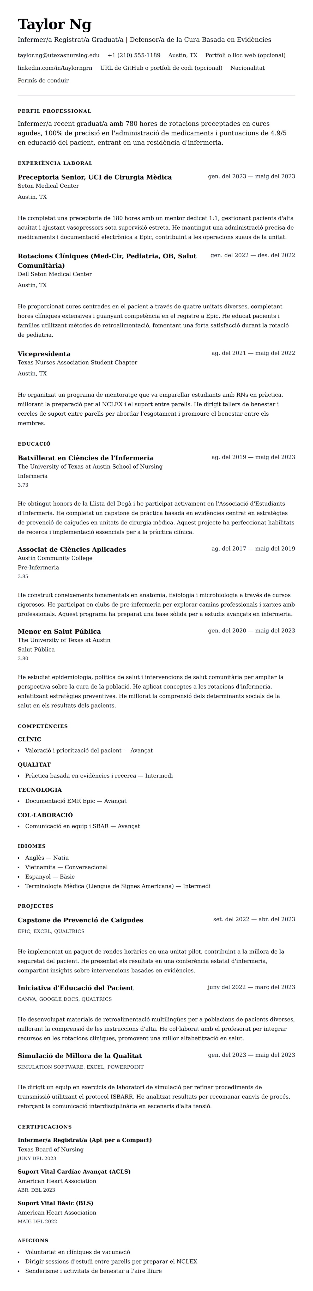 Previsualització del currículum per a Exemple de Currículum d'Infermer/a Recent Graduat/a