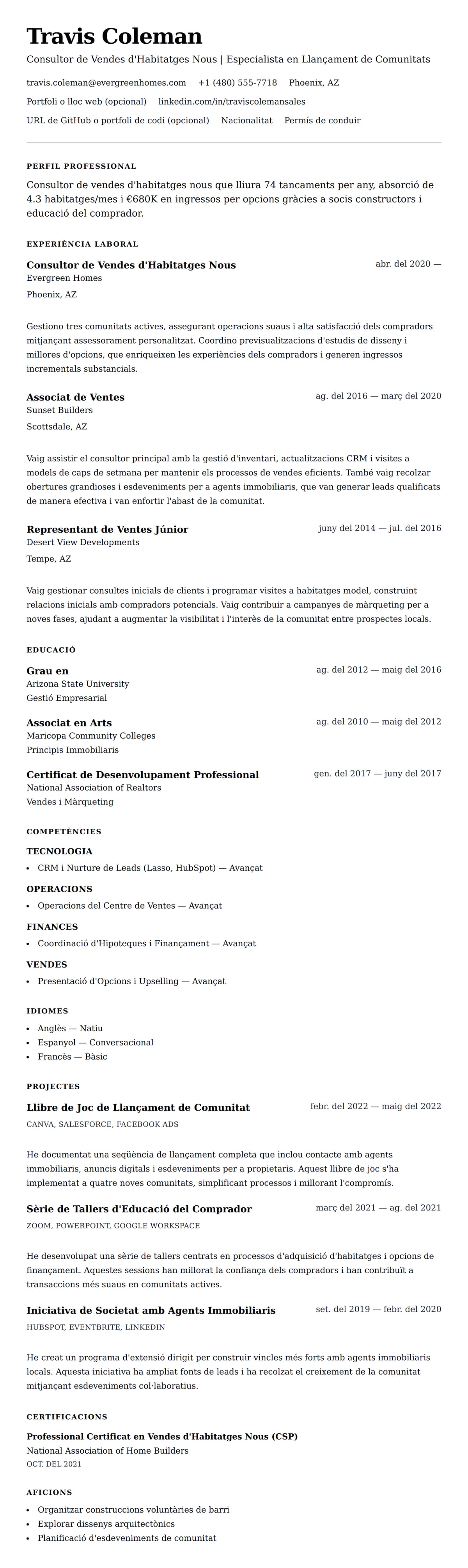 Previsualització del currículum per a Exemple de Currículum de Consultor de Vendes d'Habitatges Nous