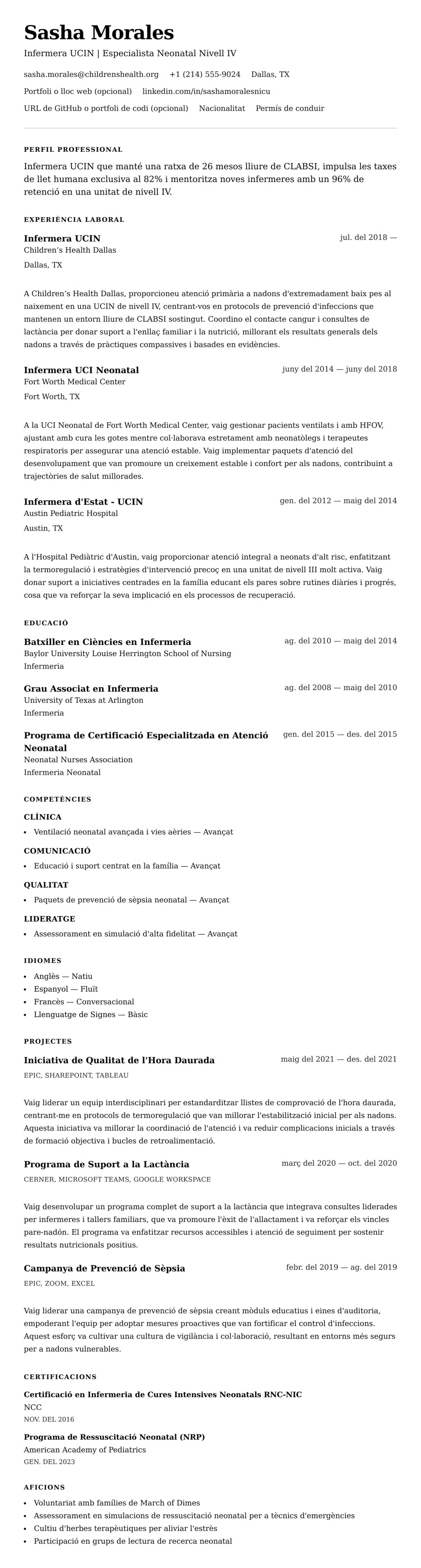 Previsualització del currículum per a Exemple de Currículum d'Infermera UCIN