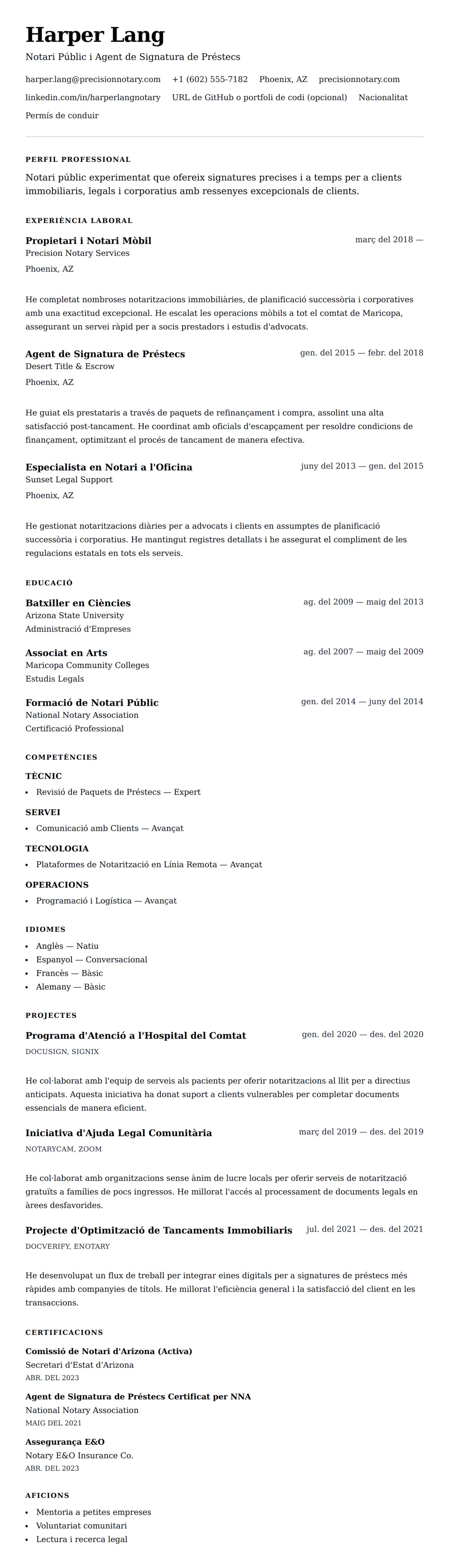 Previsualització del currículum per a Exemple de Currículum de Notari