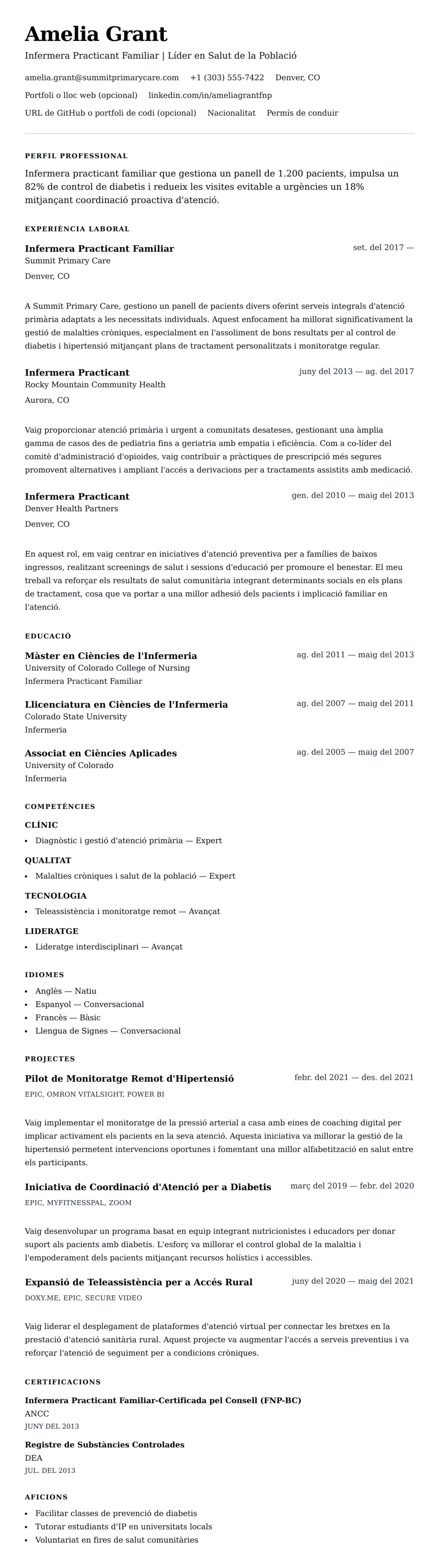 Previsualització del currículum per a Exemple de Currículum d'Infermera Practicant