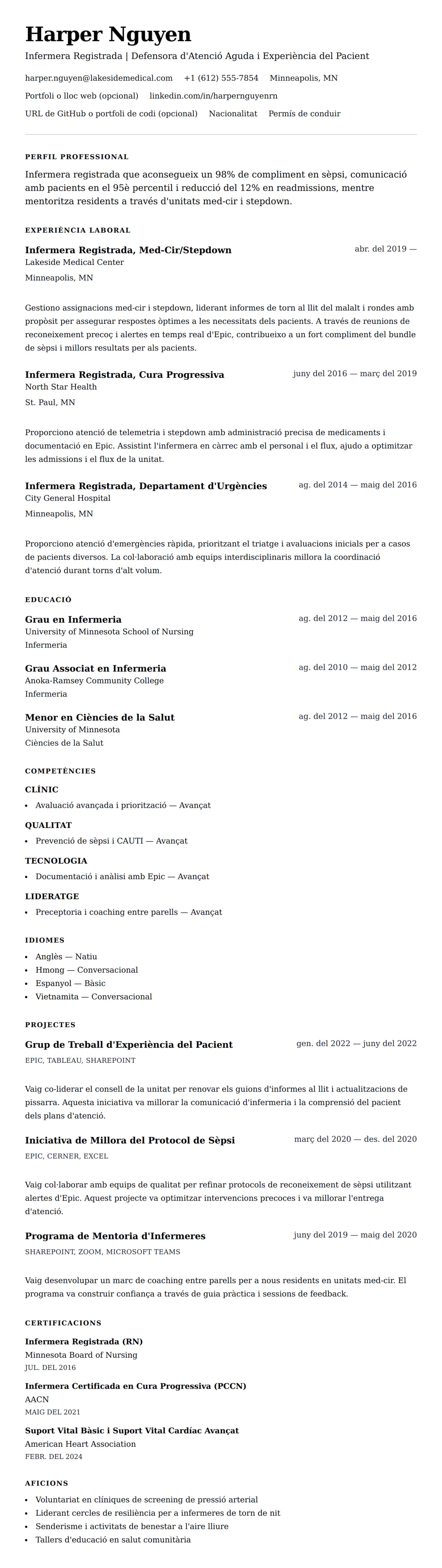 Previsualització del currículum per a Exemple de Currículum d'Infermera