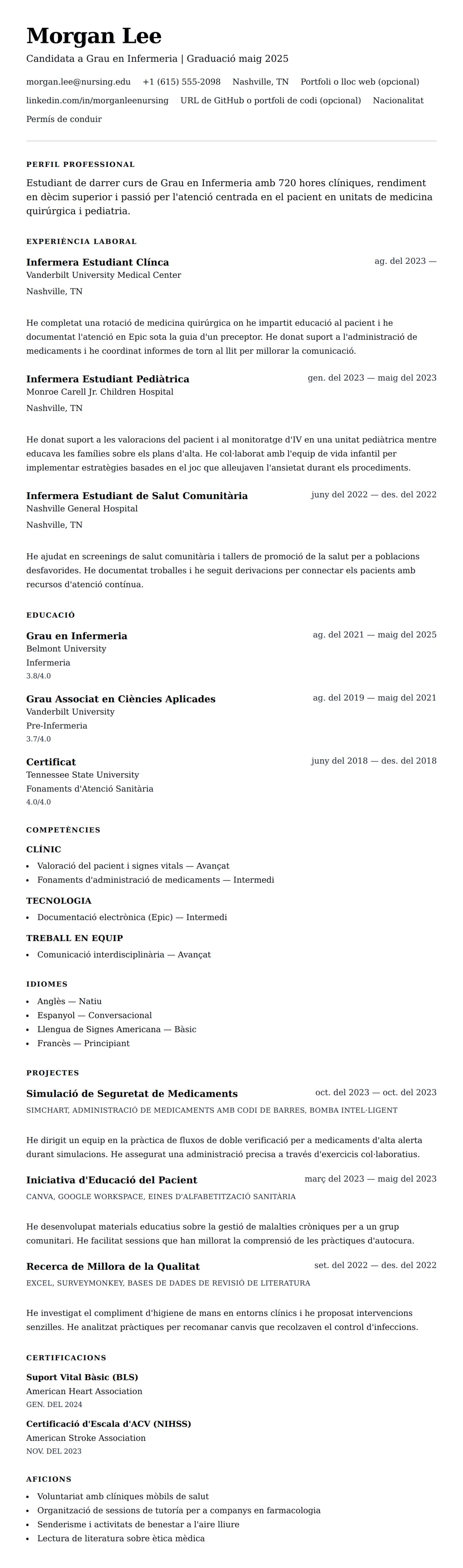 Previsualització del currículum per a Exemple de Currículum d'Estudiant d'Infermeria