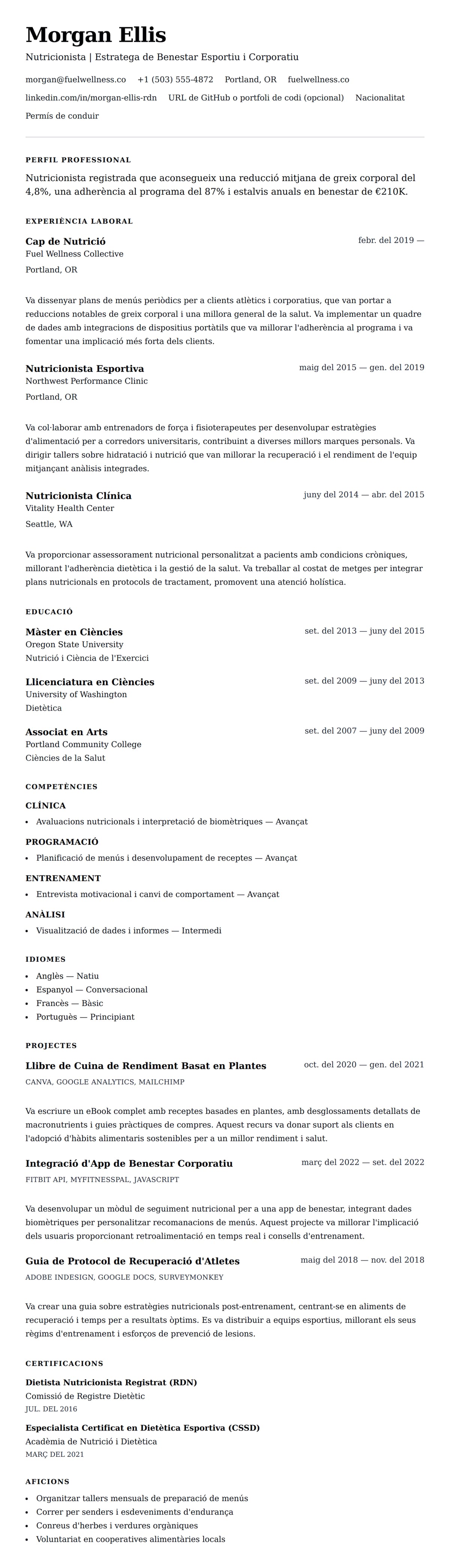 Previsualització del currículum per a Exemple de Currículum de Nutricionista