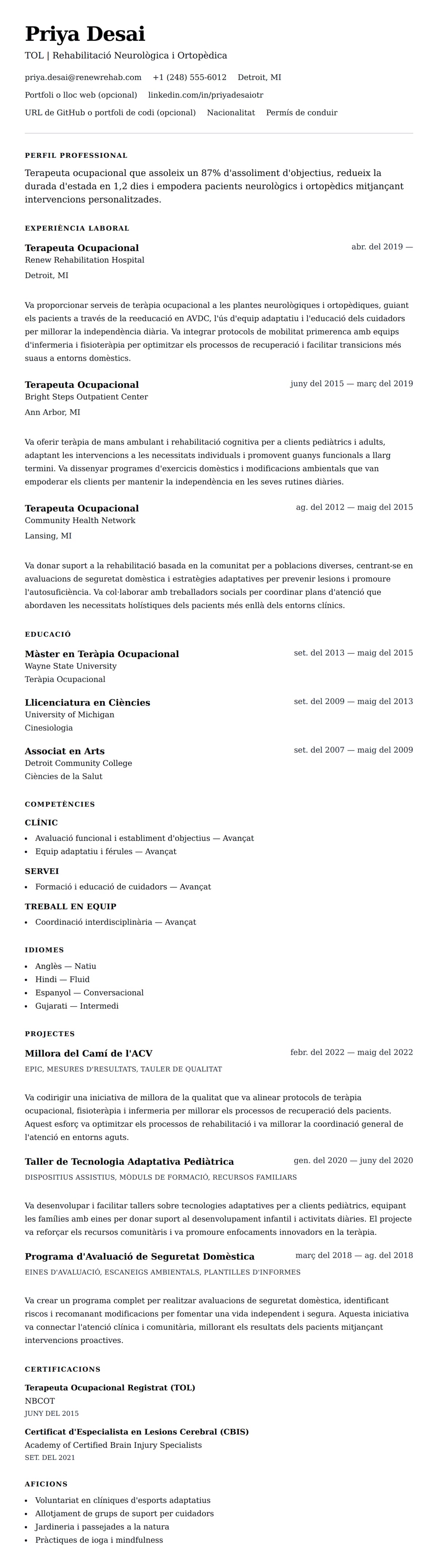 Previsualització del currículum per a Exemple de Currículum de Terapeuta Ocupacional