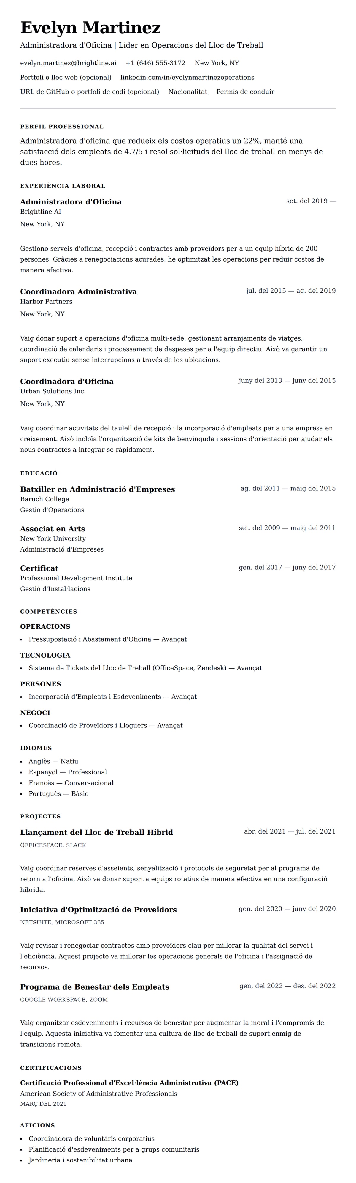 Previsualització del currículum per a Exemple de Currículum d'Administradora d'Oficina